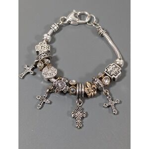 Two Tone Cross Slide Charm Bracelet Silver Tone 7.5"
